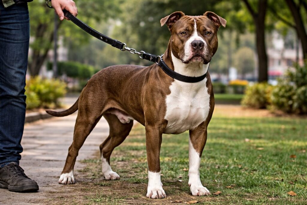 American Pit Bull Terrier on leash in Indian park setting demonstrating responsible dog ownership - pitbull is a restricted breed in India requiring mandatory registration and muzzle in public