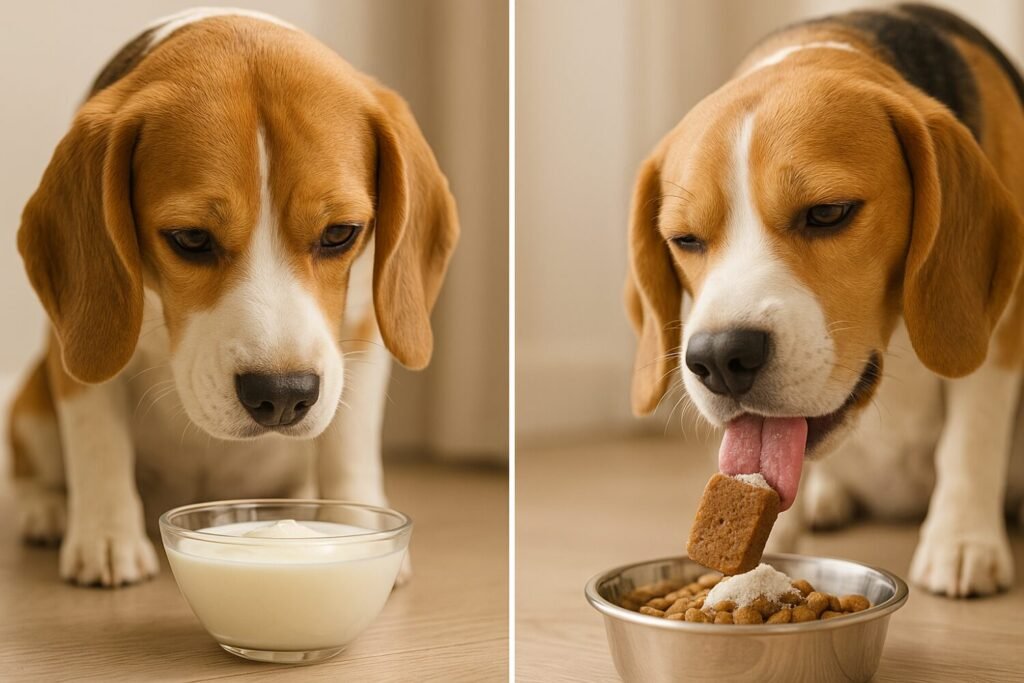 Side-by-side comparison of a dog sniffing yogurt versus happily taking a probiotic supplement