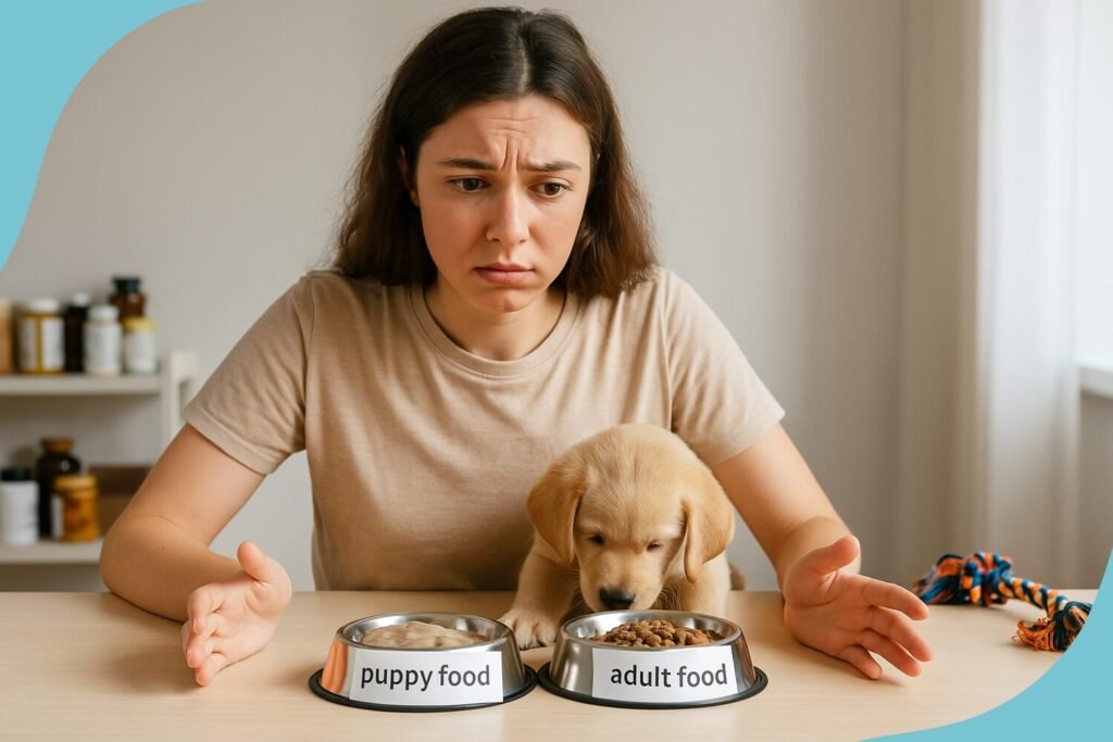 Woman confused between puppy food and adult food bowls with young Labrador sniffing both