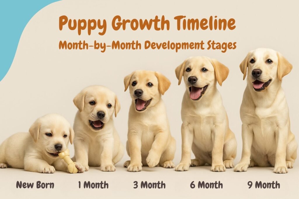 Visual showing puppy development from newborn to 9 months with labeled stages and smiling Labrador pups