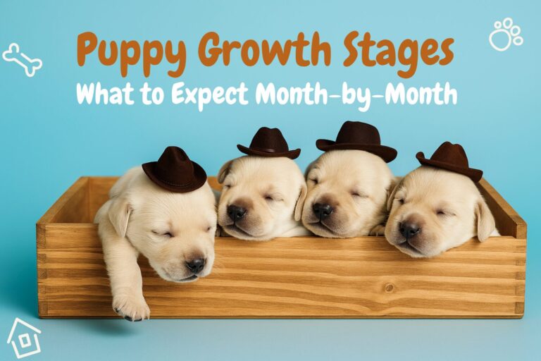 Four sleeping puppies in a wooden box wearing cute hats with “Puppy Growth Stages” heading on blue background banner image