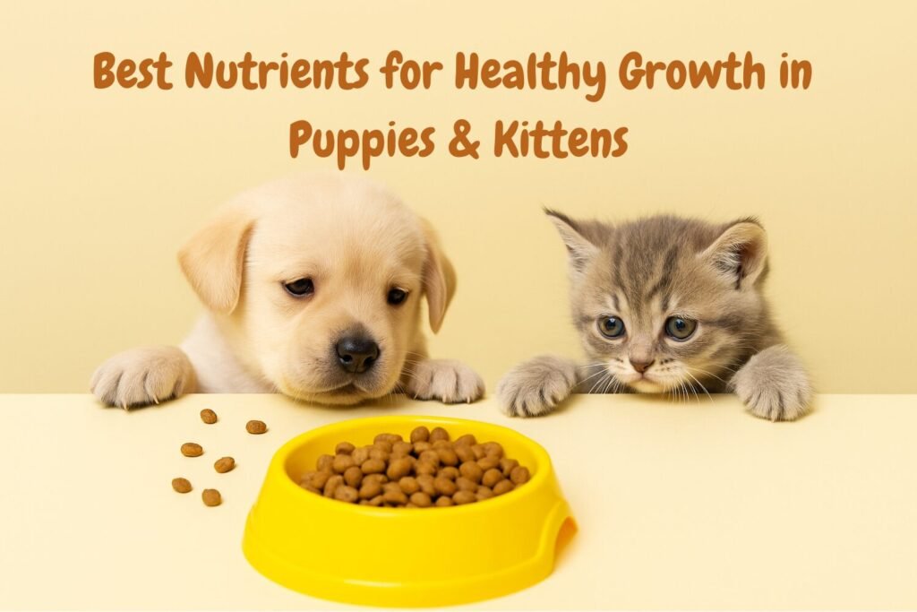 Puppy and kitten showing at nutritious meal, showing key nutrients for healthy early growth