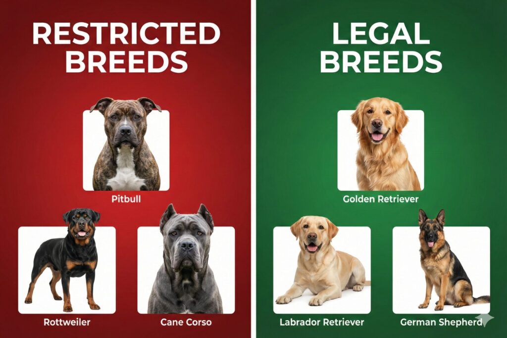 Restricted vs legal dog breeds in India 2026 - Pitbull, Rottweiler, Cane Corso on restricted list vs Golden Retriever, Labrador, German Shepherd as legal breeds