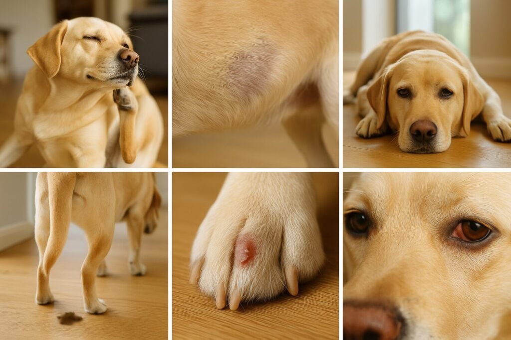 Collage of dog symptoms including ear scratching, dull coat, lethargy, loose stool, slow wound healing, and red eyes - indicators of weak immunity