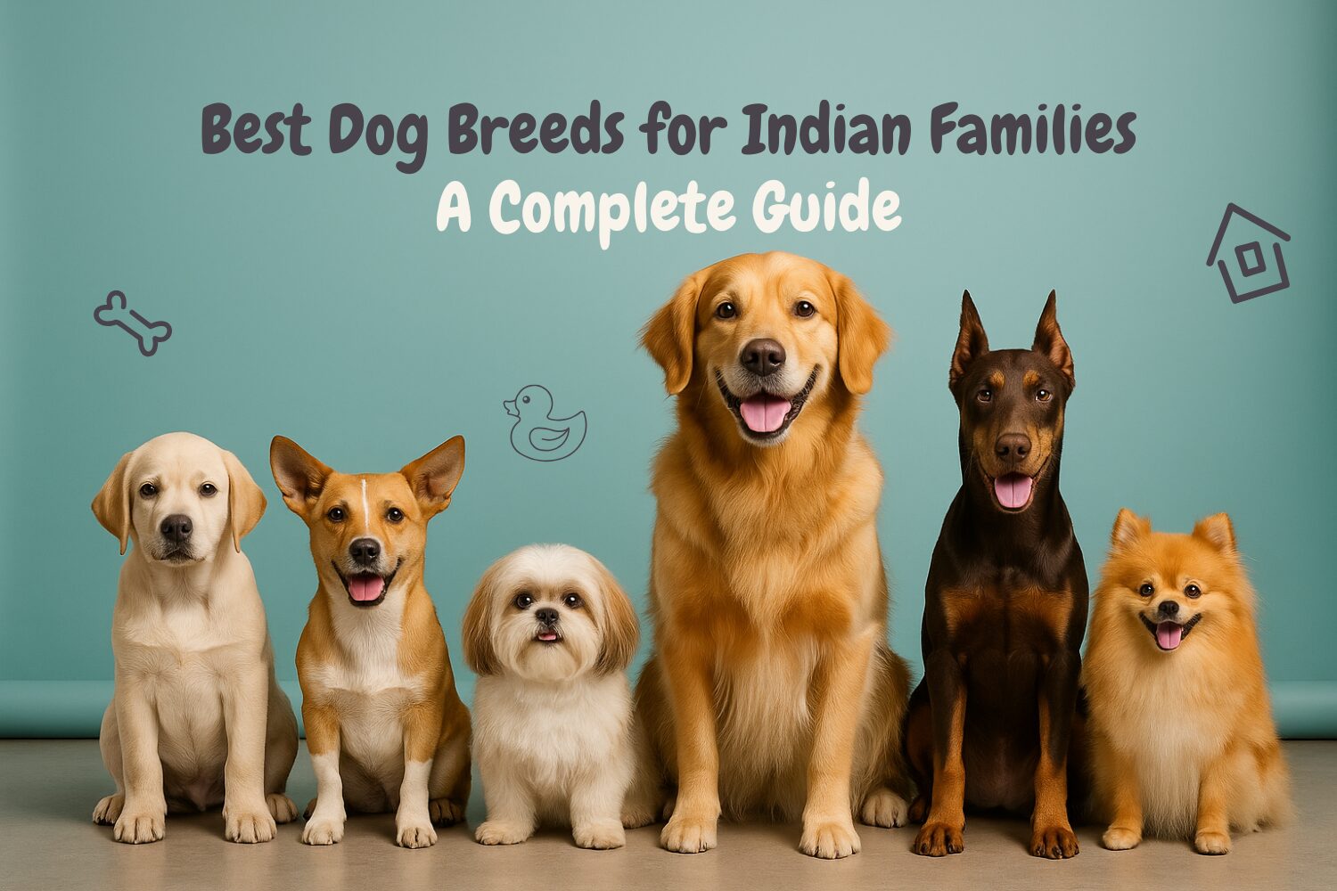 Group of six family-friendly dog breeds with the text “Best Dog Breeds for Indian Families – A Complete Guide