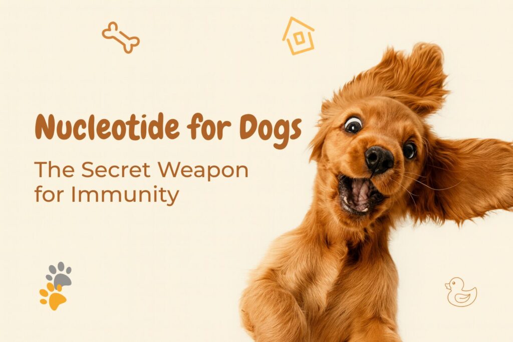Energetic golden dog with playful expression and the text “Nucleotide for Dogs – The Secret Weapon for Immunity