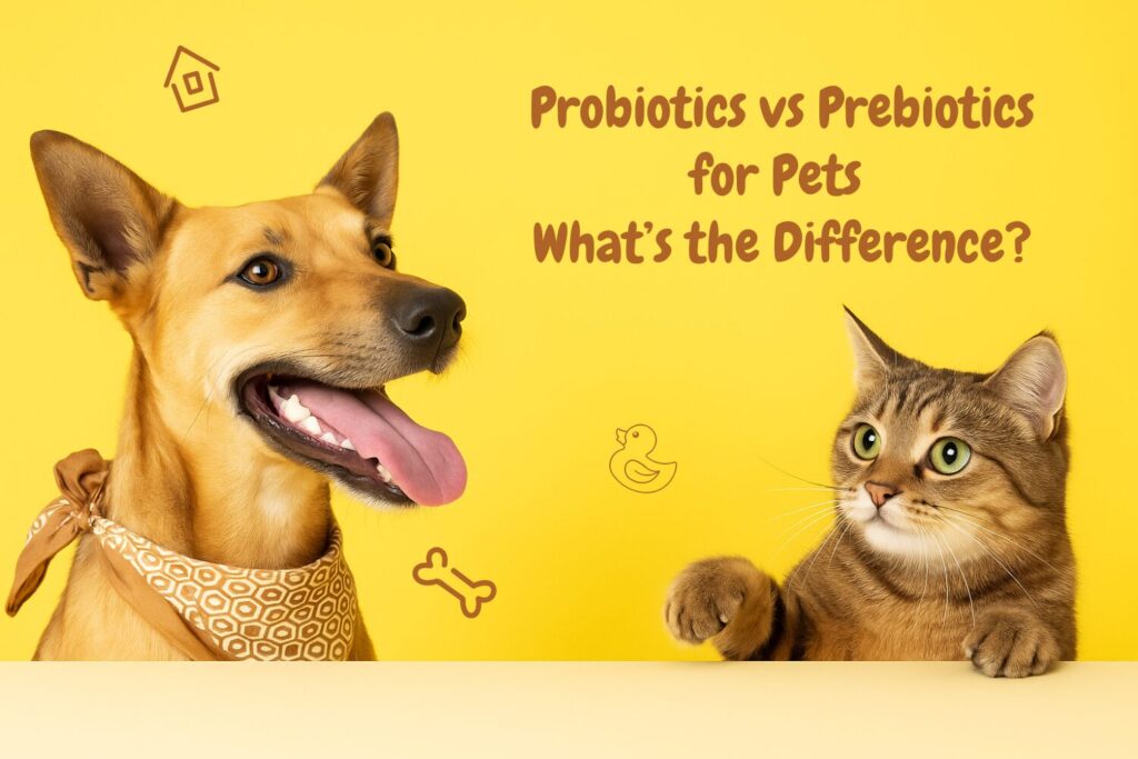 Indian dog and tabby cat with a bright yellow background and the text “Probiotics vs Prebiotics for Pets – What’s the Difference?