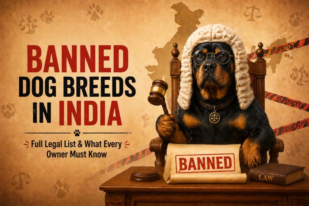 Playful illustration of a serious-looking Rottweiler wearing a judge wig and holding a gavel — dog breeds banned in India 2026 complete legal guide