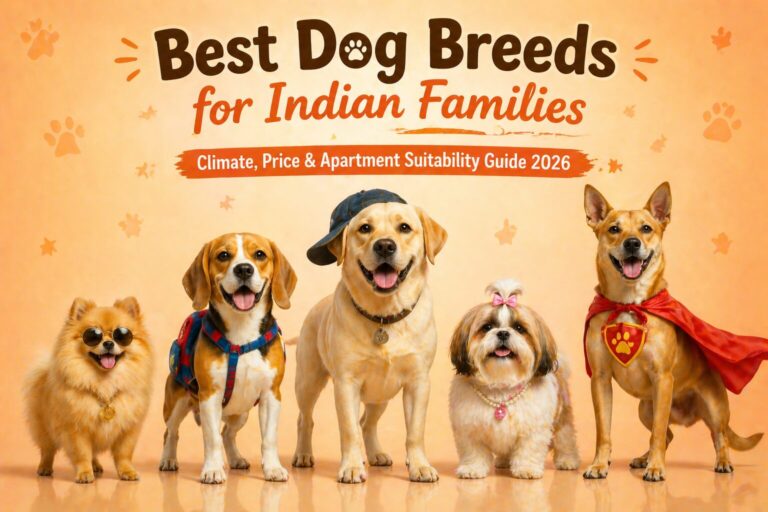 Fun illustration of different dog breeds standing together - best dog breeds for Indian families 2026 complete guide