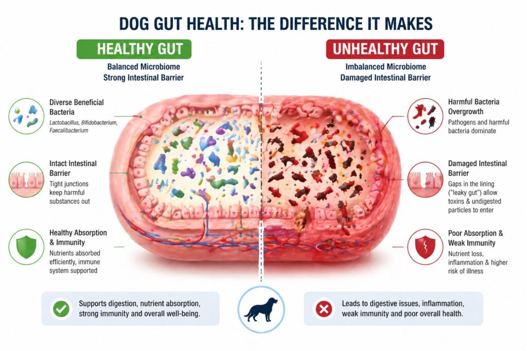Illustration of a dog's gut showing healthy balanced microbiome with good bacteria versus unhealthy gut with harmful bacteria overgrowth