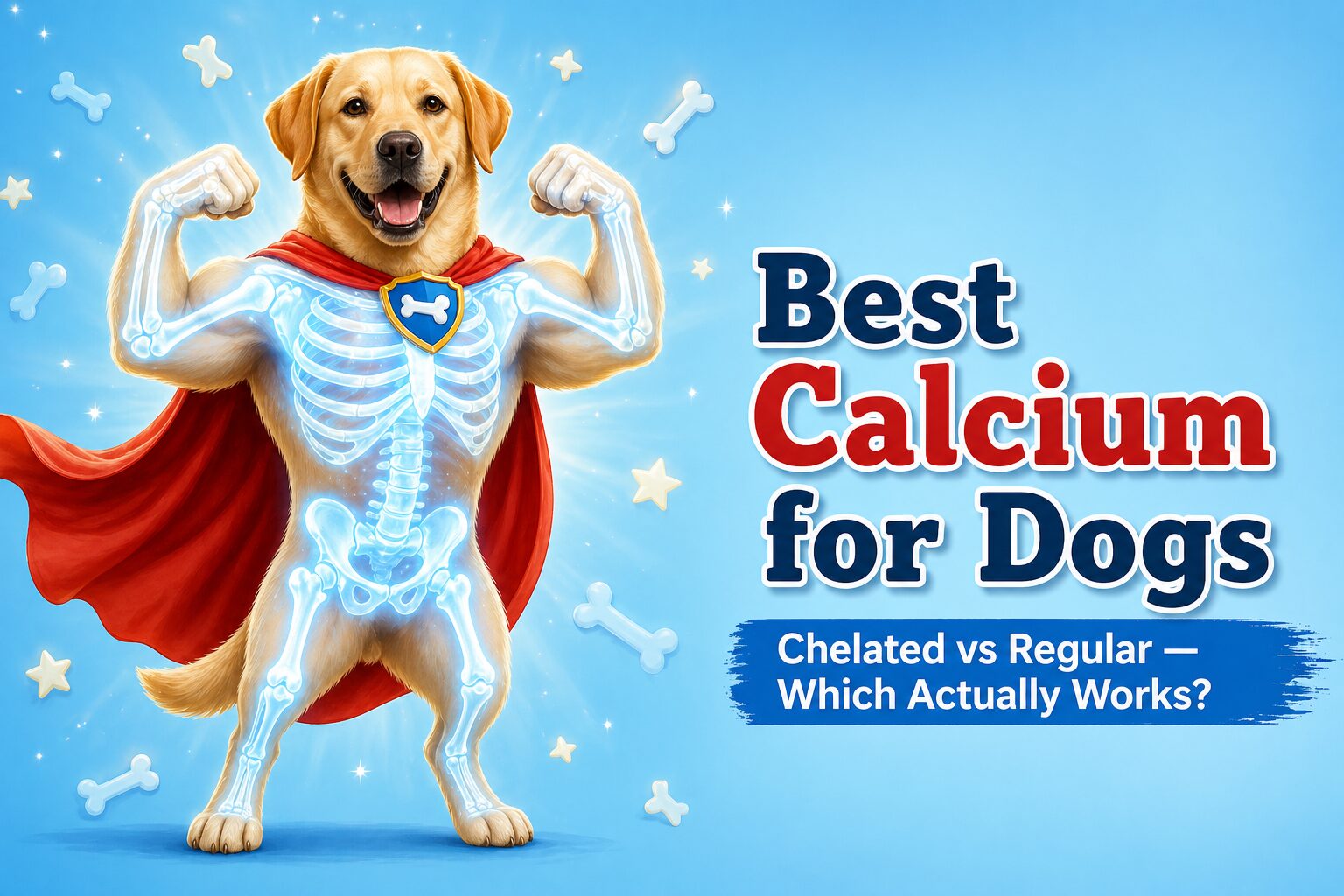 Fun illustration of a strong dog flexing its muscles wearing a superhero cape with glowing bones — best calcium supplement for dogs India 2026