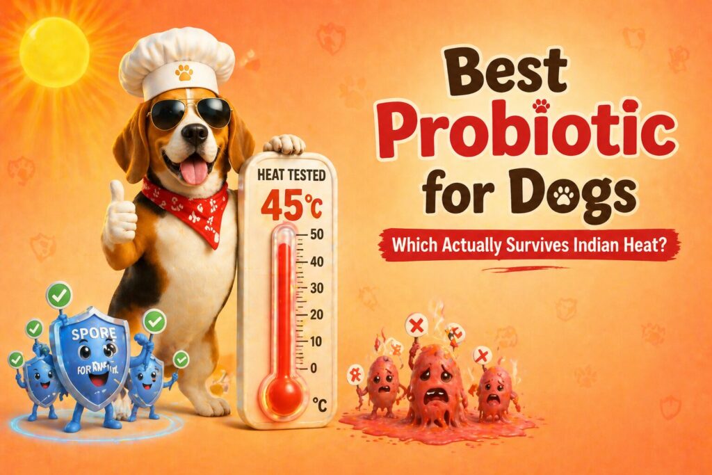 Fun illustration of a Beagle with aviator sunglasses next to a thermometer showing 45°C comparing heat-stable vs regular probiotics — best probiotic for dogs India 2026