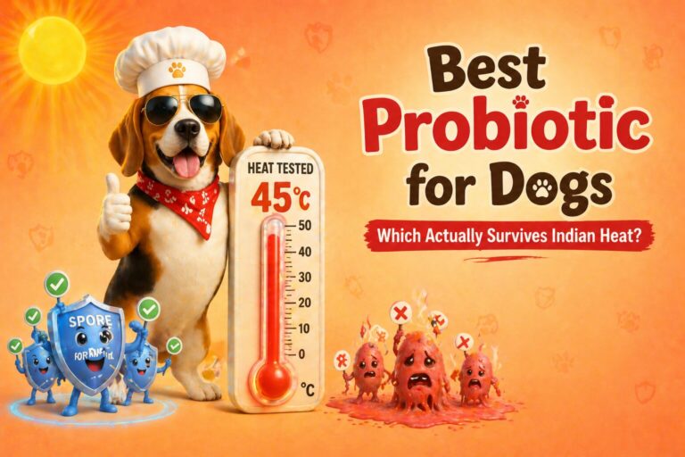 Fun illustration of a Beagle with aviator sunglasses next to a thermometer showing 45°C comparing heat-stable vs regular probiotics — best probiotic for dogs India 2026