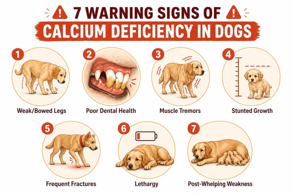 Infographic showing 7 warning signs of calcium deficiency in dogs including weak bones, muscle tremors, poor teeth, stunted growth, and rickets