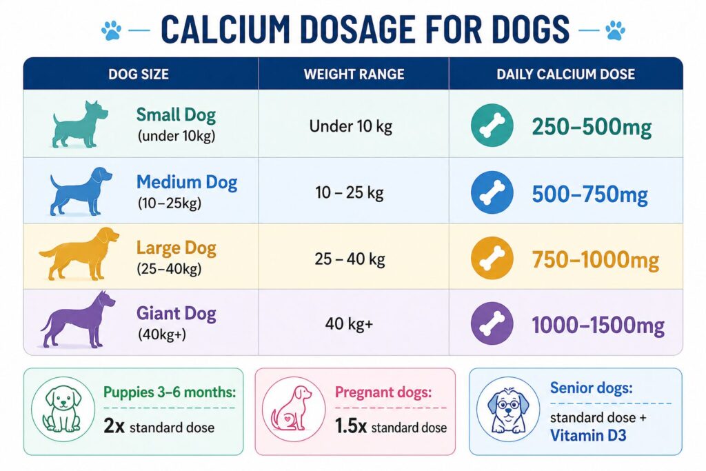 Visual dosage chart showing how much calcium dogs need per day based on weight and life stage from puppies to senior dogs
