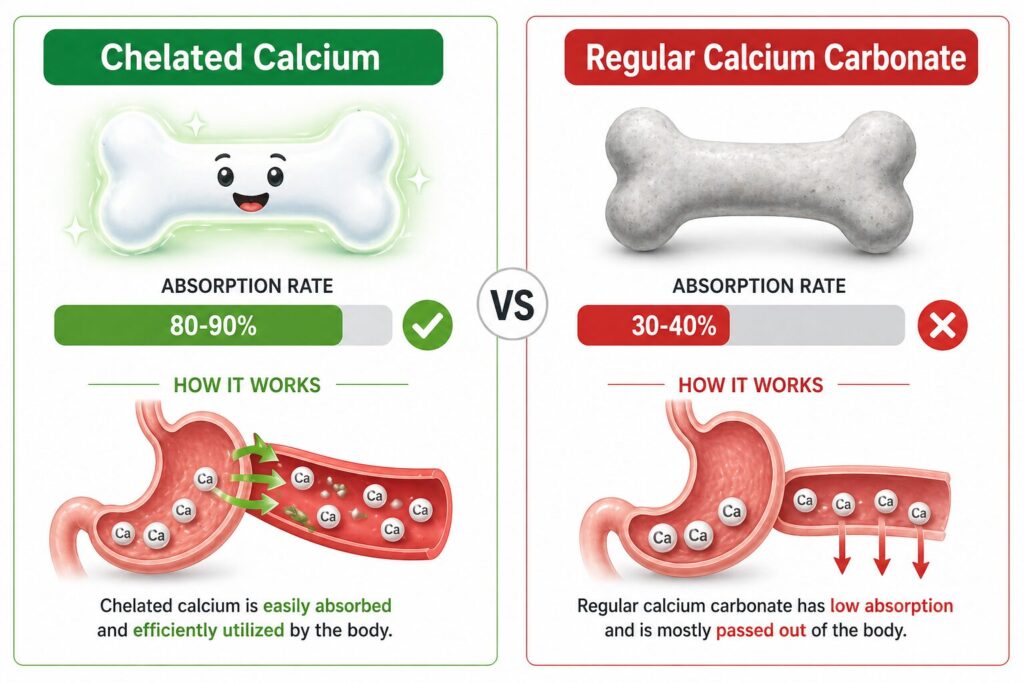 Infographic comparing chelated calcium absorption versus regular calcium carbonate absorption in dogs showing 2-3x better bioavailability