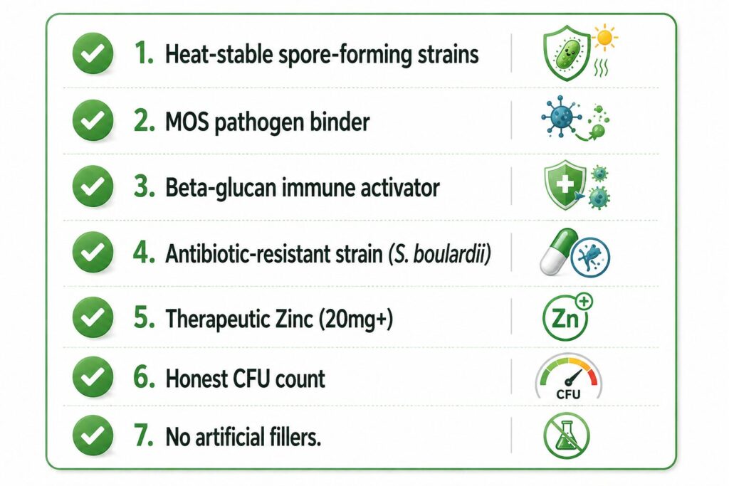 Visual checklist showing 7 things to look for when buying a probiotic supplement for dogs in India including heat-stable strains, MOS, zinc, and CFU count