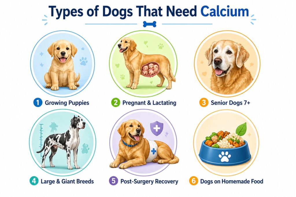 Infographic showing 6 types of dogs that need calcium supplementation including puppies, pregnant dogs, senior dogs, large breeds, recovering dogs, and homemade food dogs