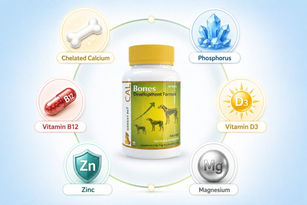 GenextPet CAL calcium supplement showing all 6 active ingredients including chelated calcium, phosphorus, vitamin D3, magnesium, zinc, and vitamin B12