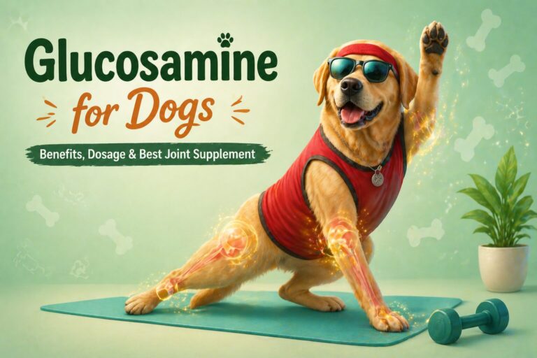 Fun illustration of a senior Labrador wearing sunglasses doing yoga with glowing joints — glucosamine for dogs joint health guide India
