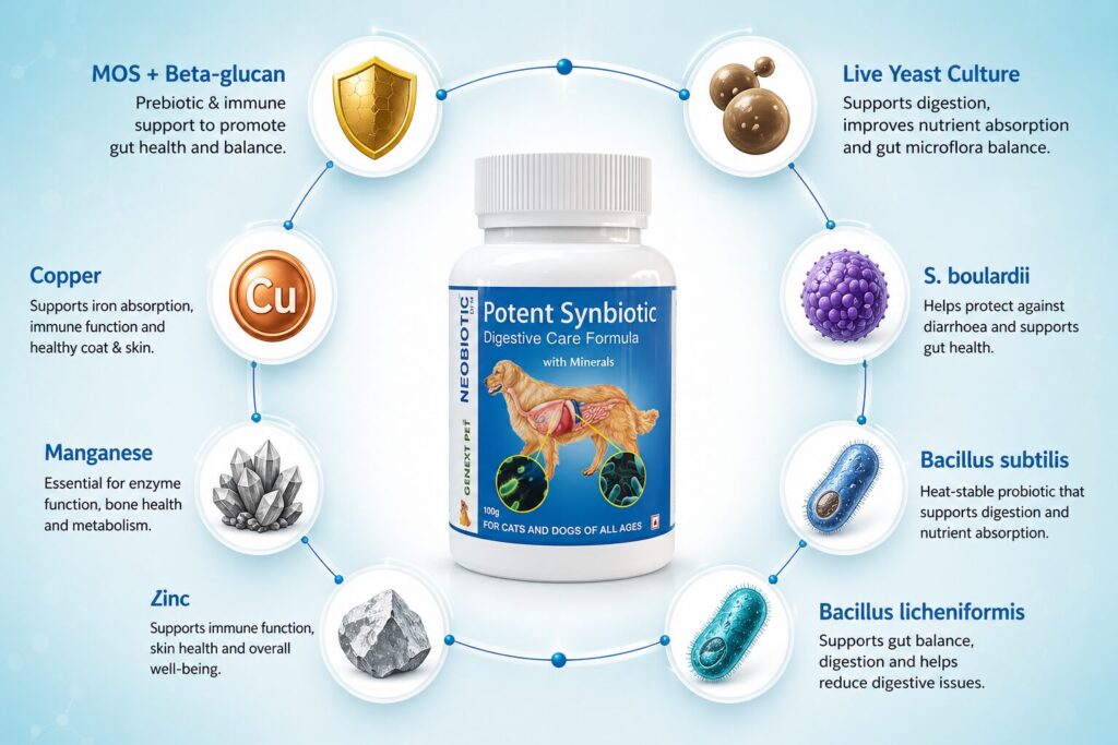 Neobiotic DFM probiotic supplement by GenextPet showing all 8 active ingredients including Bacillus subtilis, Bacillus licheniformis, S. boulardii, MOS, beta-glucan, zinc, manganese, and copper
