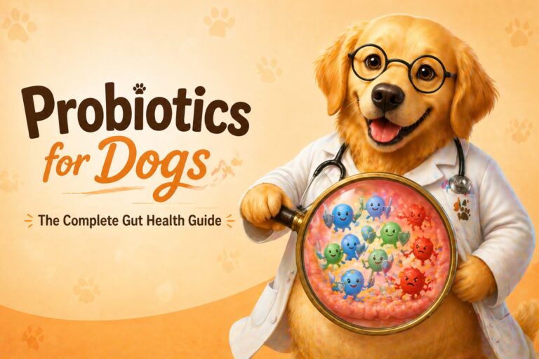 Fun illustration of a Beagle with aviator sunglasses next to a thermometer showing 45°C comparing heat-stable vs regular probiotics — best probiotic for dogs India 2026