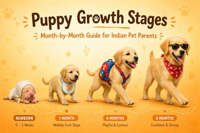 Playful illustration showing a Labrador puppy at 4 different growth stages from newborn to 8 months — puppy growth stages month by month guide India