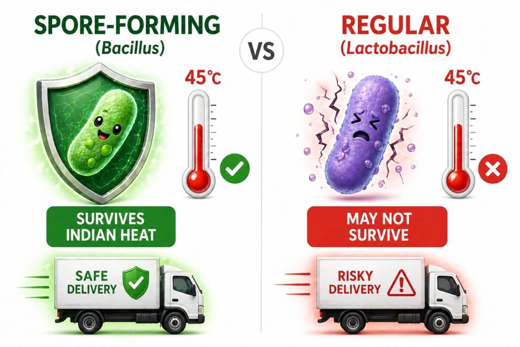 Infographic comparing spore-forming Bacillus probiotic survival versus Lactobacillus survival in Indian summer heat during shipping and storage