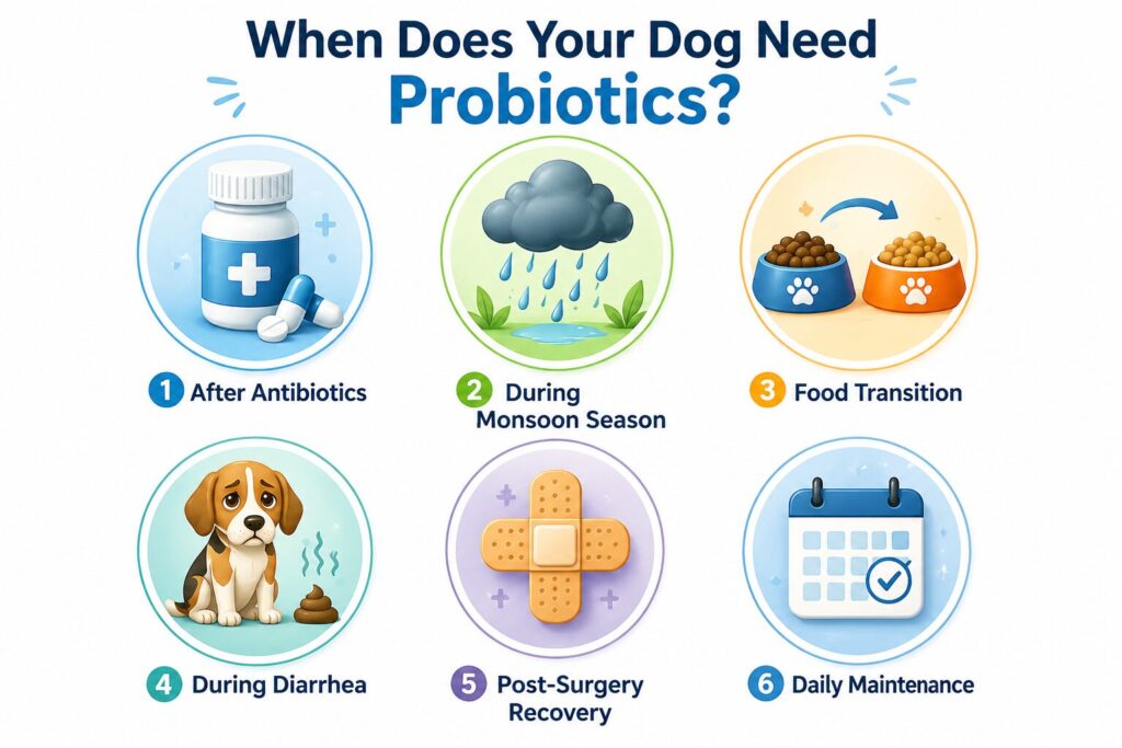 Infographic showing 6 scenarios when dogs need probiotic supplementation including after antibiotics, during monsoon, food transition, diarrhea, post-surgery, and daily maintenance
